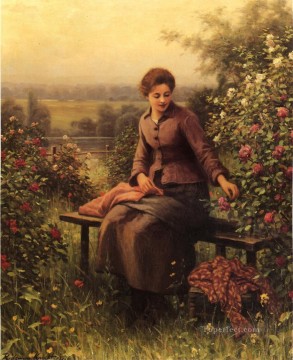 フラワーズ Painting - 花を持つ座っている女の子 同胞ダニエル・リッジウェイ・ナイト
